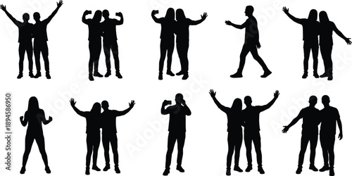 Happy people celebration silhouette set showing friends cheering, hugging, dancing, and greeting, joyful social interaction, success, friendship, and positive emotion concept isolated on white 