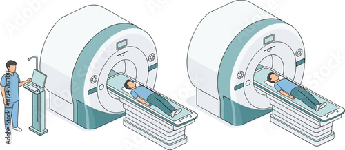 Medical MRI and CT scan machines with patients undergoing diagnostic imaging procedures in modern hospital radiology department, healthcare technology illustration concept