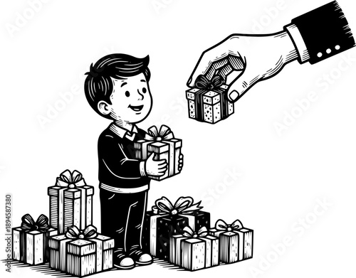 Engraved Illustration of a Boy Receiving Gifts, Hand Holding Pre
