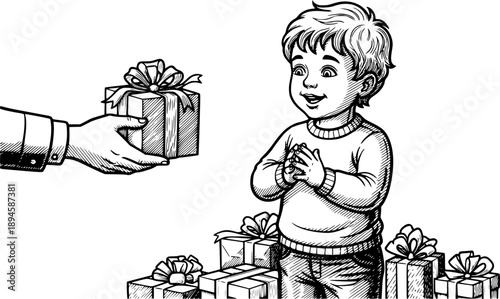 Engraved Illustration of a Boy Receiving Gifts, Hand Holding Pre
