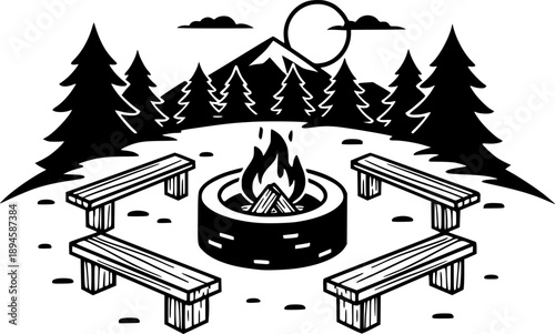 Monochrome Fire Pit Scene with Rustic benches and trees beneath

