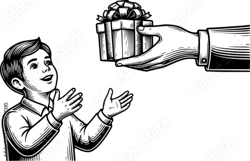 Engraved Illustration of a Boy Receiving Gifts, Hand Holding Pre

