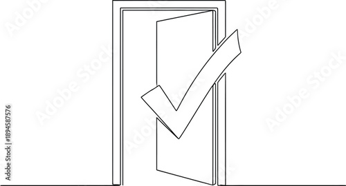 Black and white outline of an open doorway and  line art illustration of a check mark or tick symbol indicating Correctness, approval, or verification. A positive selection in a  voting scenario.