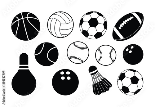 Collection of Black and White Sports Balls and Equipment Icons