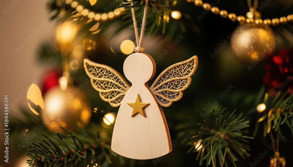 Obraz premium Christmas Angel: The heartwarming details of the holiday season, with a handcrafted wooden angel ornament hanging amidst twinkling lights and decorations, a testament to joy and seasonal cheer.
