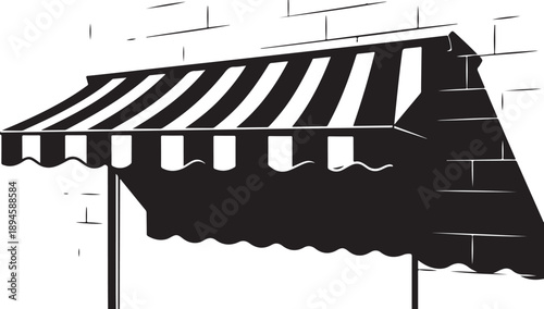 Black and white striped awning illustration with brick wall