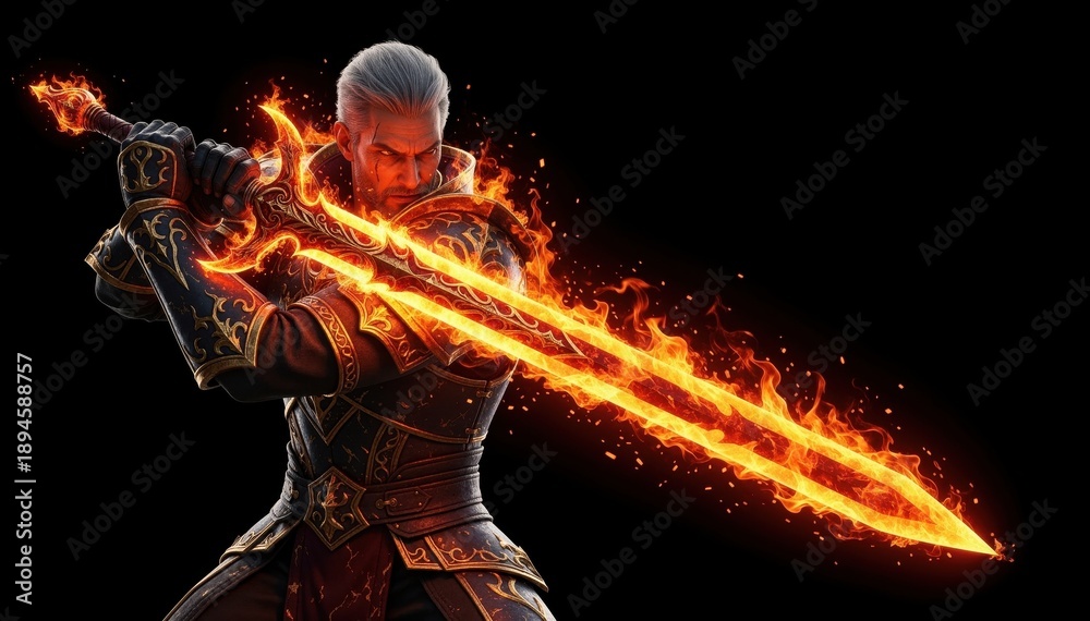Fototapeta premium Fiery Warrior: A courageous warrior, embodies strength, wielding a flaming sword that blazes with an untamed intensity, set against a dark, dramatic backdrop.