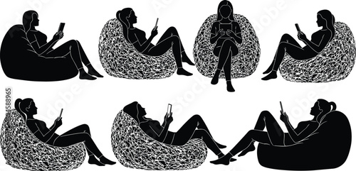 People relaxing on bean bag chairs silhouette set, men and women using smartphones while sitting comfortably, modern lifestyle leisure concept isolated on white background illustration