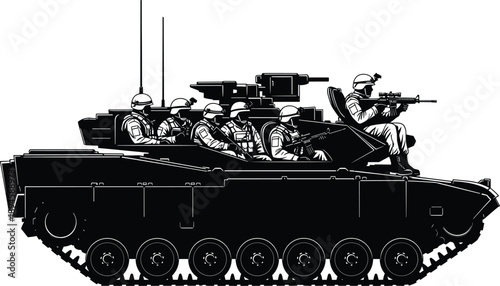 Modern armored personnel carrier with armed soldiers in combat position, military infantry vehicle silhouette illustration, tactical warfare transport concept, defense forces operation isolated 