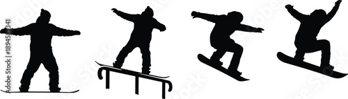 Snowboarder action silhouette sequence showing freestyle tricks, jumps, rail grinding, winter sports movement, extreme snowboarding skills, outdoor adventure activity isolated on white background