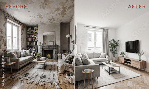 Before & After Concept. A diptych image showing the same living room from the exact same angle. On the left
