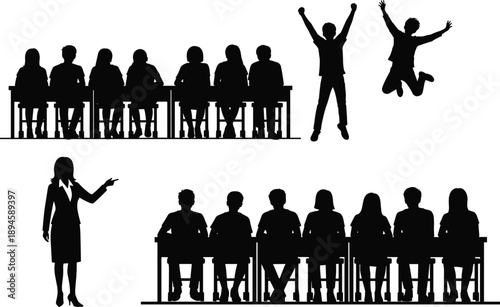 Student classroom silhouette illustration set, teacher teaching pupils, children sitting at desks and celebrating success, education concept isolated on white background