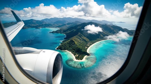 Tropical Island View from Airplane Window, travel and vacation concept