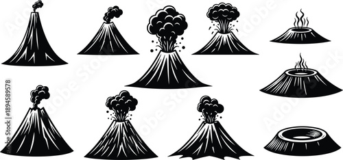 Volcano eruption silhouette icon set showing lava, smoke, ash clouds, crater shapes, explosive volcanic activity, natural disaster symbols, geology elements isolated on white background