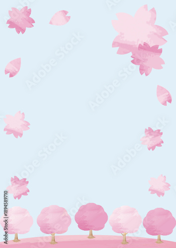桜並木の手描き水彩イラストフレーム　春のコピースペース背景　お花見や入学式の招待状用デザイン素材
