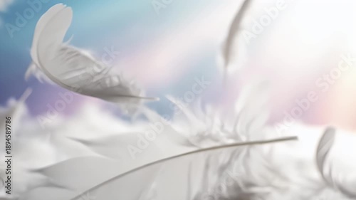 Floating white feathers in the sky, a dreamy and ethereal scene of peace.