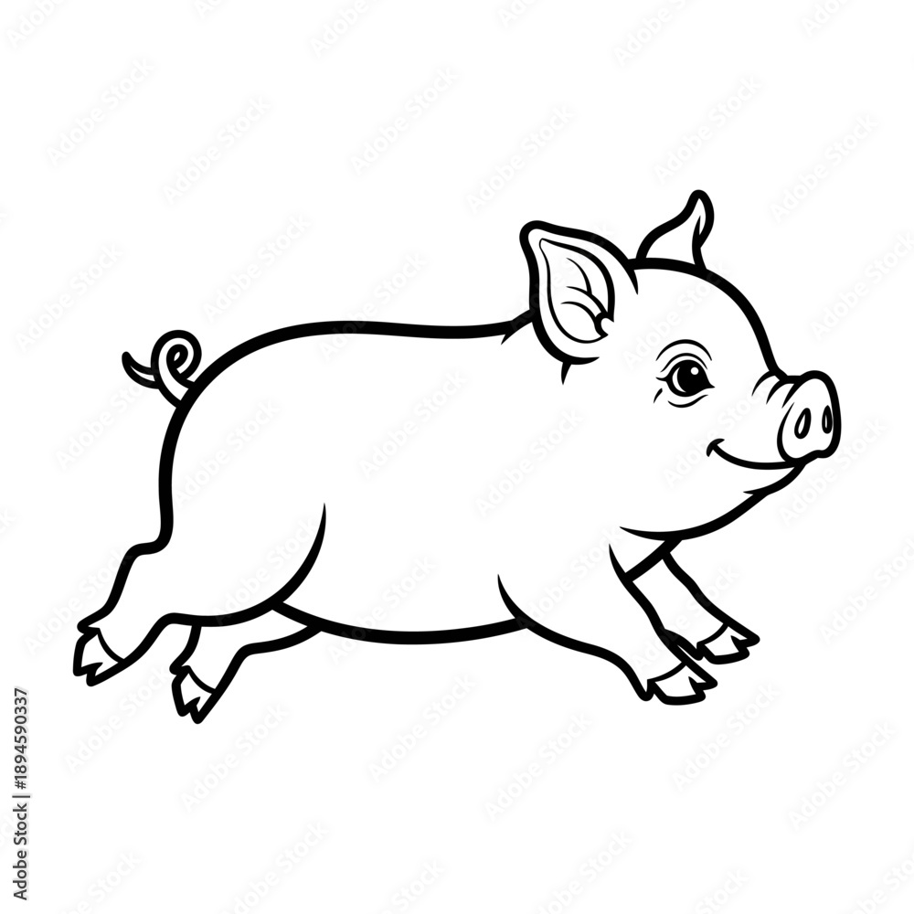 Fototapeta premium Simple Black and White Pig Illustration Running.