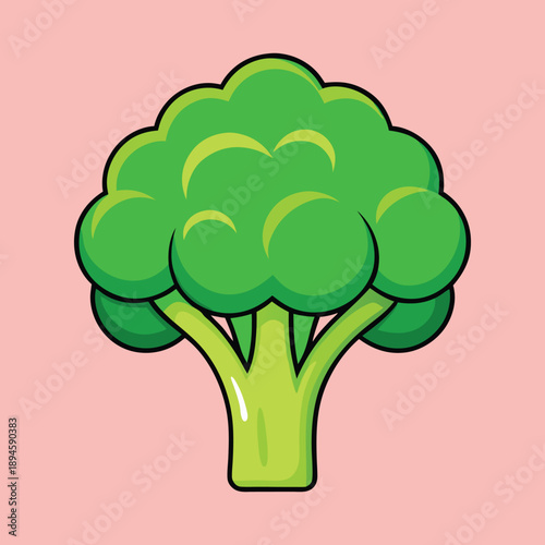 Cartoon illustration of a broccoli floret with a bright pink background