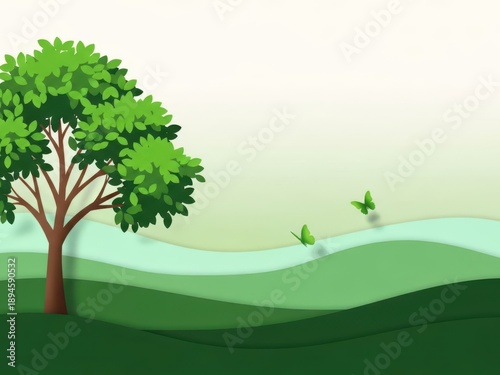 A cartoon tree with green leaves and birds flying in the air on a sunny day with hills