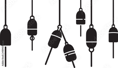 Black and white illustration of hanging fishing buoys isolated