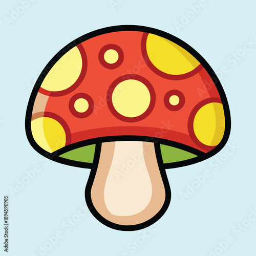 Colorful cartoon Amanita mushroom with red cap and yellow spots design