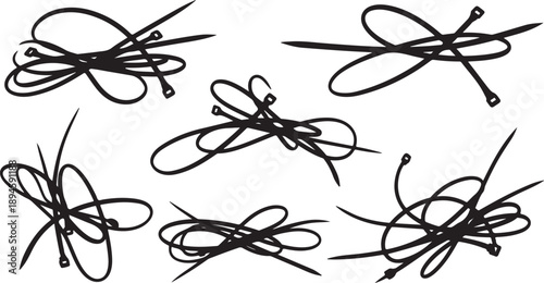 Collection of tangled black threads and strings on white