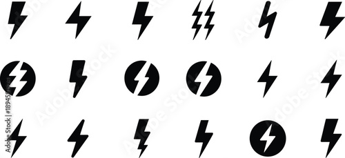 Collection of lightning bolt icons in various styles isolated on transparent background