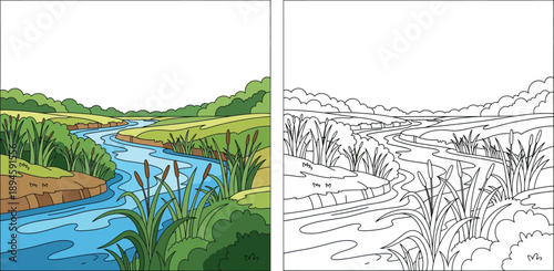 Winding River Landscape with Green Hills and Cattails Nature Scene Illustration