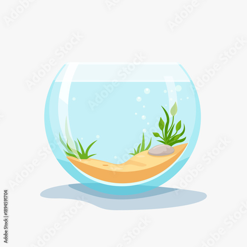 Empty round glass aquarium bowl with clean water, sand bottom, stone and aquatic plants. Cute flat vector illustration isolated on white background. No fish. Suitable for design, apps, kids projects 