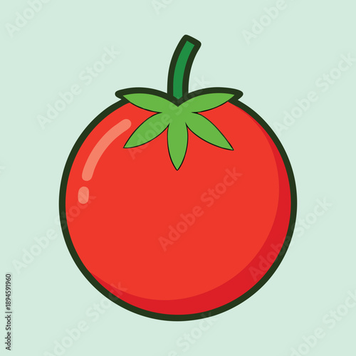 Cartoonstyle tomato illustration against a pastel green background, simple and vibrant
