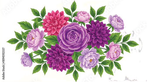 Beautiful bouquet of colorful peonies and roses with green leaves on white background