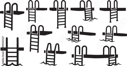 Illustration of various pool ladder and handrail designs
