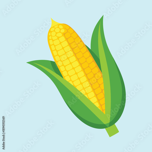 Vibrant flat illustration of a single ear of corn with husks