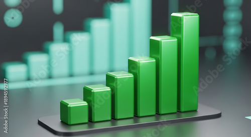 Green 3d bar chart on a black platform with blurred background graph representing business growth and statistics