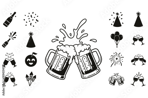 Cartoon Beer Mugs Cheers Clinking Icon Vector Set for Party and Bar