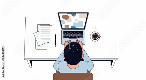 Person working on a laptop at a desk with documents and a coffee cup, overhead view of a productive workspace for remote work or study