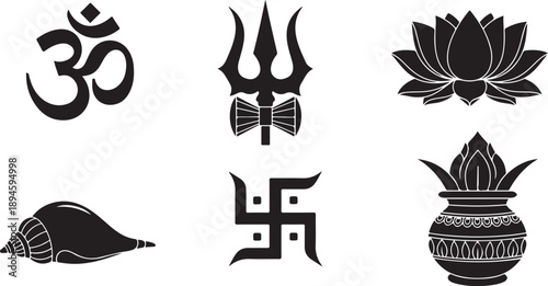 Sacred Hindu Symbols Set Om Swastika and Trishul

Indian Religious Icons and Spiritual Silhouette Graphic