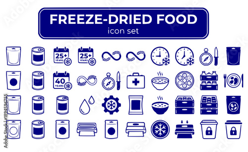 Freeze-Dried Food Emergency Meals Long-Term Storage Survival Dehydrated Preserved Shelf-Life Preparedness Camping Outdoor Nutrition Vector Icon Set - Food Storage