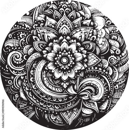 Black and White Mehndi Design Vector | Intricate Henna Art Illustration