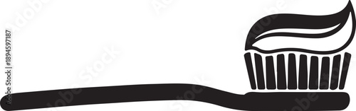 Toothbrush with toothpaste applied ready for dental hygiene, isolated black and white vector outline icon