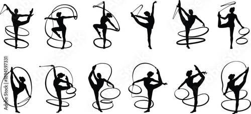 Set of Rhythmic Gymnastics Athlete Silhouettes Performing Professional Routines with Ribbons and Hoops Featuring Graceful Poses for Sports Competition and Artistic Dance Graphic Design