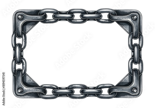 a high-detail watercolor illustration of a rugged rectangular border made of heavy black steel chain links and bolted industrial plates, isolated on white copy space. concept of nautical engineering