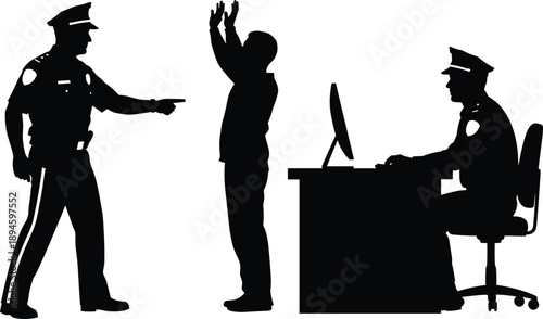 Black silhouette of police officers arresting a criminal suspect and working at a desk isolated on white background for law enforcement and justice concept (25 words)