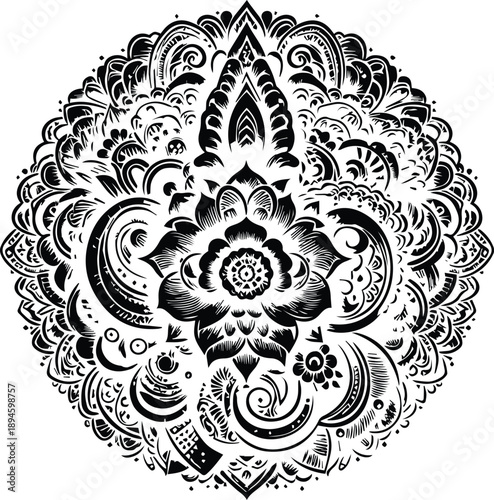 Black and White Mehndi Design Vector | Intricate Henna Art Illustration