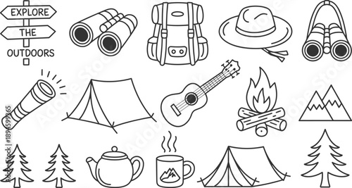 Camping and outdoor adventure doodle including backpack binoculars tent campfire ukulele and signpost isolated on white background