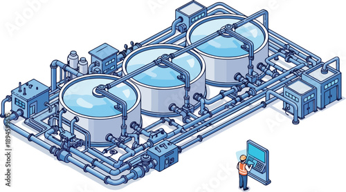 Industrial machinery setup with three large tanks and pipes viewed from above