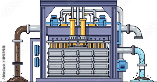 Industrial water treatment process illustration showcasing filtration system with pipes and machinery in a technical setup