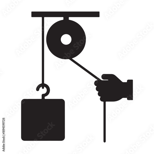 A hand operates a pulley system to lift a heavy object easily silhouette vector shilhoutte icon use as a symbol, web graphic design, and infographic icon