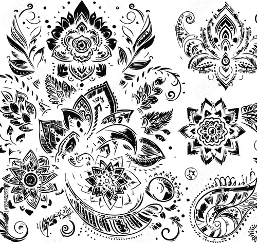 Black and White Mehndi Design Vector | Intricate Henna Art Illustration