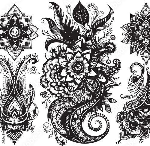 Black and White Mehndi Design Vector | Intricate Henna Art Illustration
